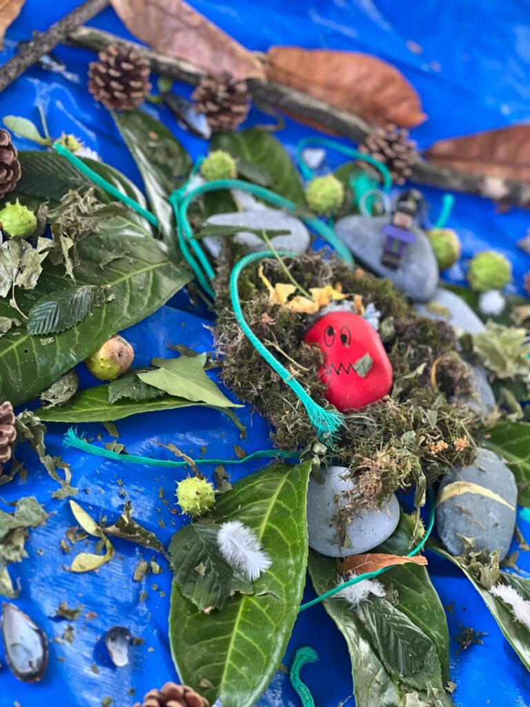 Nature collage with leaves and pine cones